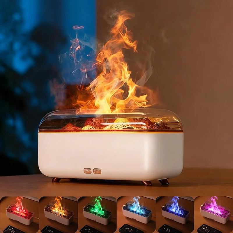 Vulkan Flame Diffusore Aria Umidificatore, 7 Colori Luce Aromaterapia Diffusore Olio Essenziale con Timer e Spegnimento Auto 250ML Ultrasuoni Umidificatore per Camera da Letto Casa Ufficio (Bianco)