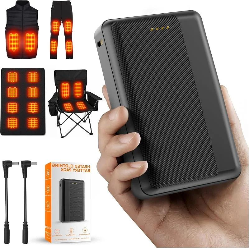 Batteria per gilet riscaldata aggiornata, 7, 4 V 2 A, 16000 mAh, uscita CC, ricaricabile, per giacche riscaldanti, cappotti, pantaloni, biancheria intima, con adattatore DC e accessori di ricarica — Abbigliamento riscaldato