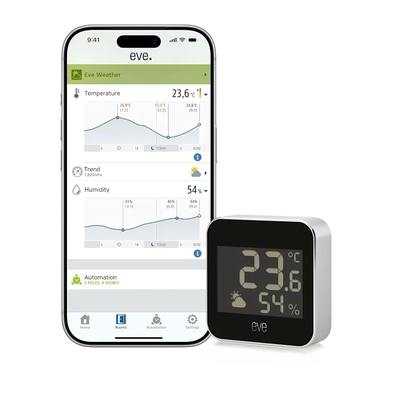 Eve Weather (Matter) – Stazione meteo intelligente per temperatura, umidità, tendenze meteo, resistenza all'acqua IPX4, accesso vocale tramite Google, Alexa, Siri, richiede un Thread Border Router — Riscaldamento