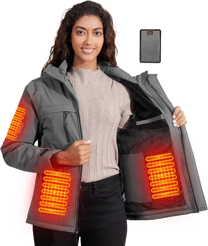 Giubbotto Riscaldato Donna in Fleece con Cappuccio, Impermeabile e Antivento, 6 Zone di Riscaldamento, Batteria 20000mAh, 3 Livelli Temperatura, Giacca Riscaldata per Sci, Snowboard, Campeggio — Abbigliamento riscaldato