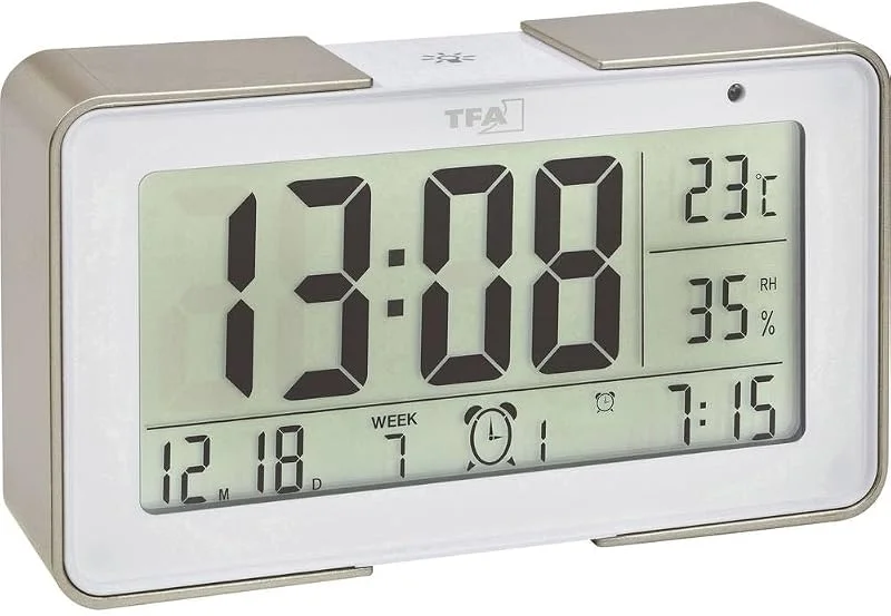 TFA Dostmann Sveglia Digitale Melody, 60.2540.53, orologio radiocontrollato, 25 suoni di sveglia (melodie, classici, versi di animali), temperatura e umidità, snooze, oro — Umidificatore