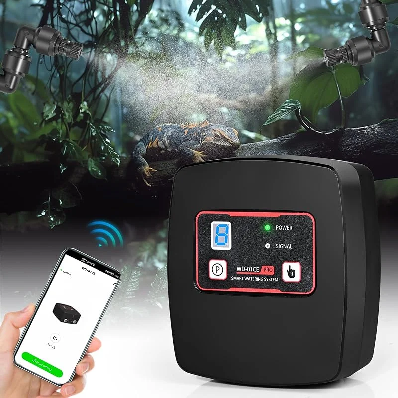 Nebulizzazione per Teca Rettili, Umidificatore per Rettili con Timer e 4 Ugelli a 360°, Umidificatore Rotante per Anfibi Rettili Piante Fiori