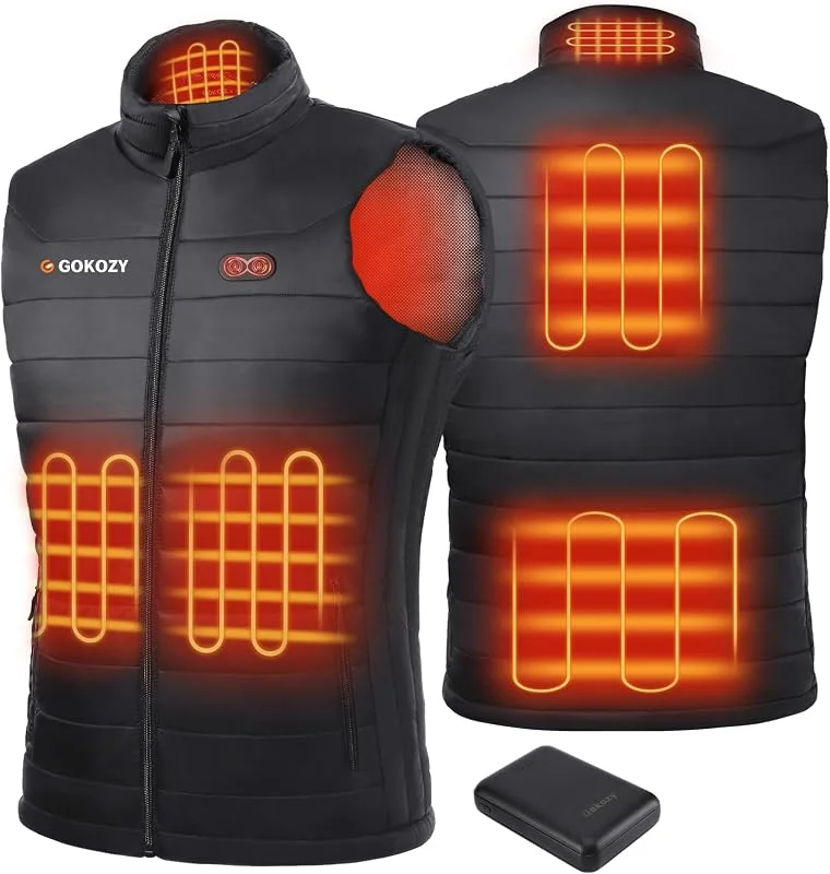 Gokozy Gilet Riscaldato Uomo con Power Bank da 10000mAh Giubbino Riscaldato Uomo con 5 Zone di Riscaldamento Leggera e Impermeabile per Caccia ed Escursionismo — Abbigliamento riscaldato