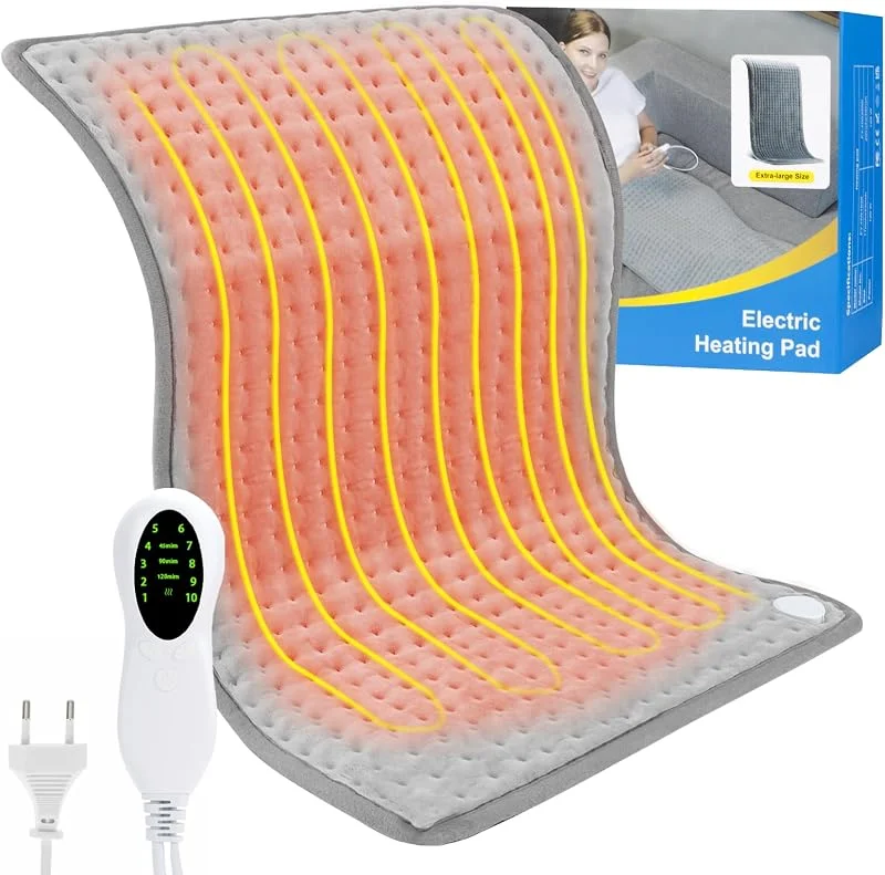Termoforo Elettrico, 50 * 100cm Scaldaletto singolo, Cuscino riscaldante con 10 impostazioni di temperatura e 3 funzioni timer, cuscinetto termico per schiena, collo, spalle e pancia, morbida flanella — Riscaldamento
