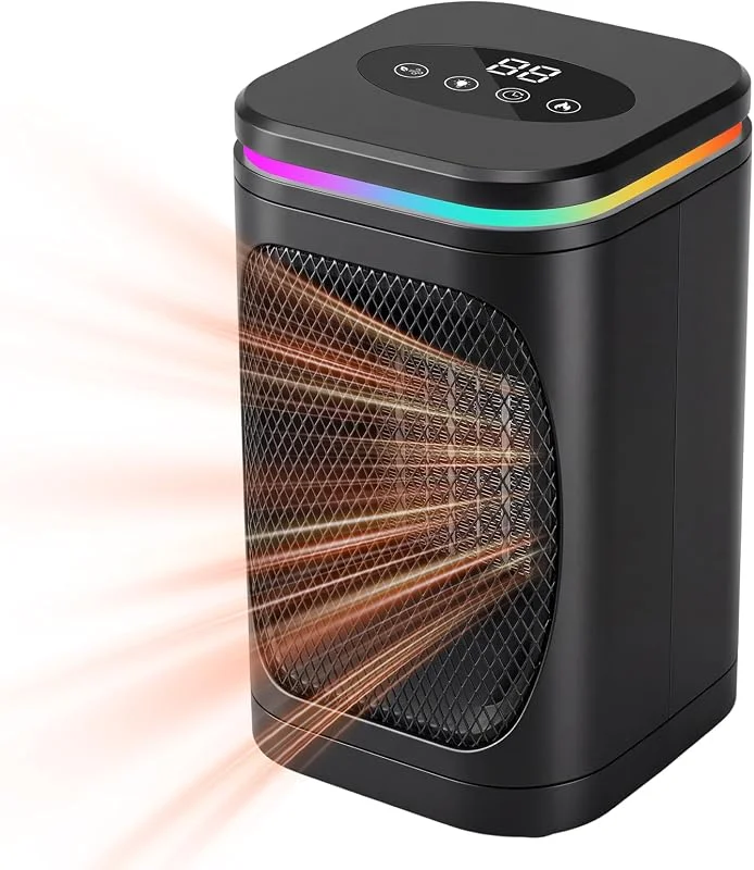 Termoventilatore in ceramica PTC, 1500 W, piccolo riscaldamento elettrico con 2 modalità (caldo, freddo), luce LED a 7 colori, timer, silenzioso, protezione antiribaltamento, per bagno, camera da letto