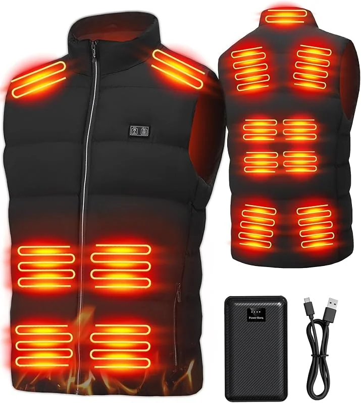 Gilet riscaldato da uomo: leggero gilet riscaldato USB con pacco batteria, gilet elettrico invernale lavabile, 15 zone di riscaldamento, giacca riscaldante per escursionismo, sci, campeggio — Abbigliamento riscaldato