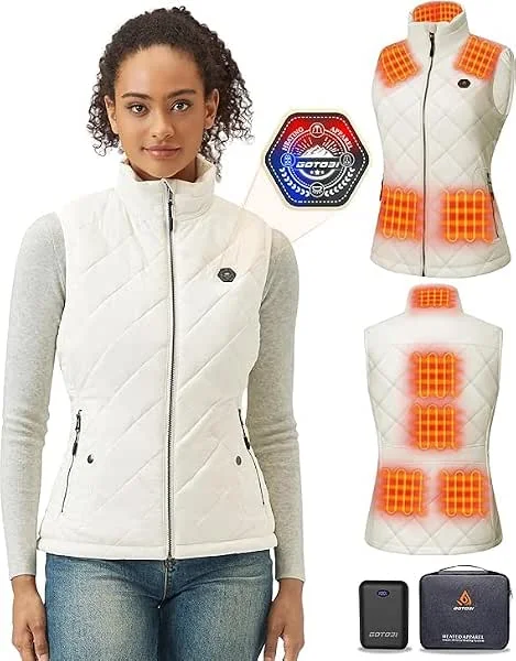 Gilet riscaldato da donna con power bank da 16000 mAh 7, 4 V, 9 zone di riscaldamento con 3 temperature regolabili, gilet caldo con interruttore intelligente 4 in 1 per lavoro all'aperto, bianco — Abbigliamento riscaldato