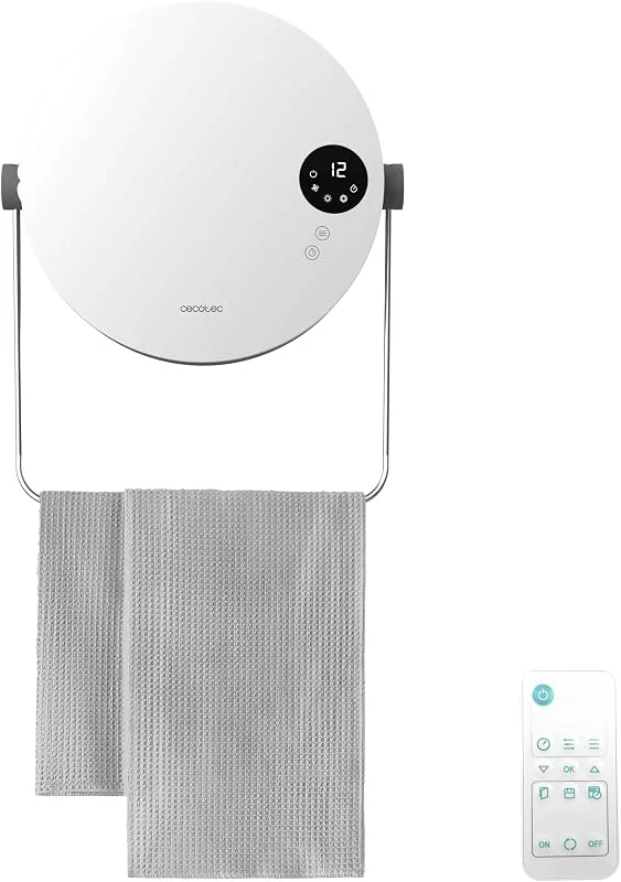 Cecotec Scaldasalviette Ceramico da Parete ReadyWarm 2000 Round. 2000W, 2 Livelli, LED, Touch Control, Telecomando, Timer, IP22, Design Elegante, Sicurezza, Ideale Bagni — Riscaldamento