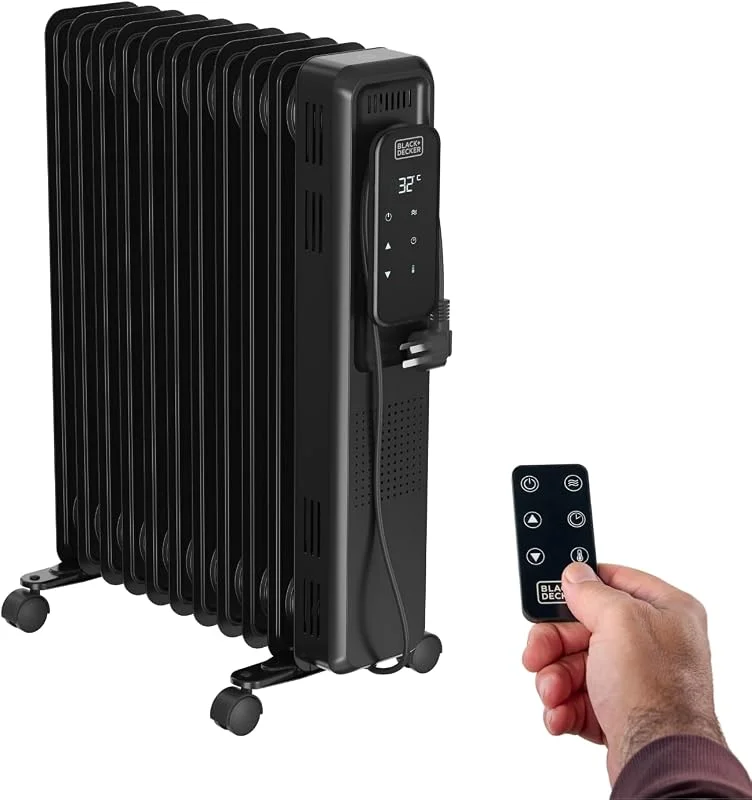 Black+Decker BXRA2501E – Radiatore a olio elettronico 2500W, 11 elementi, 3 intensità di calore, Display digitale, Termostato e timer 24h, Ultra silenzioso — Riscaldamento