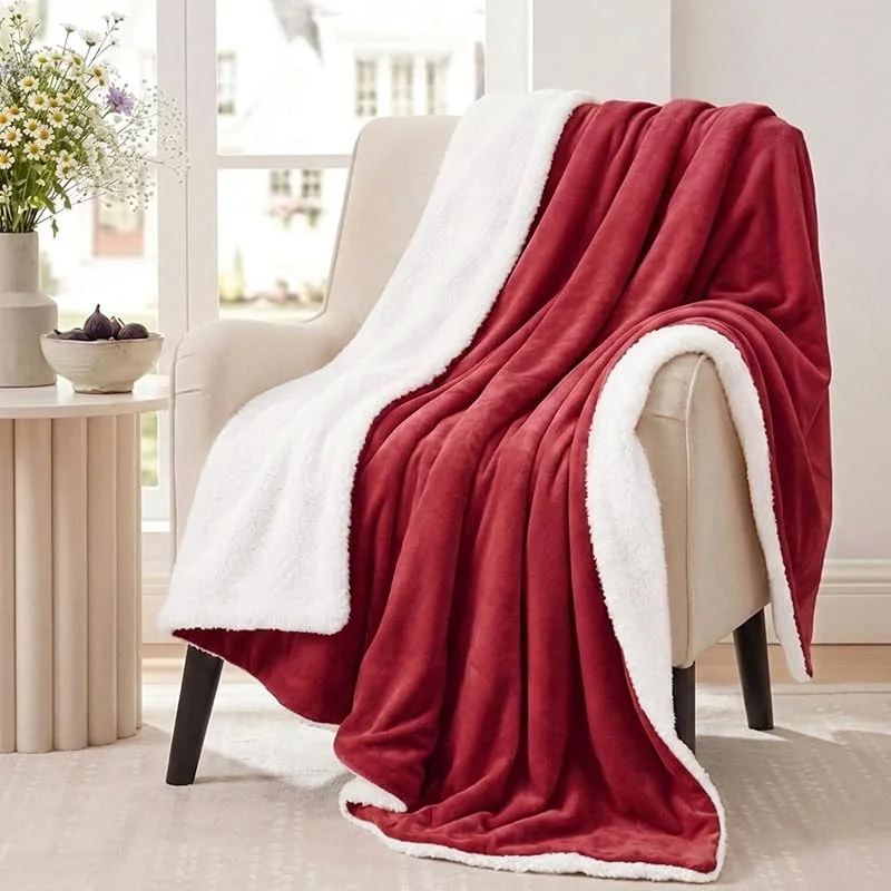 Aisbo Plaid Coperta Pile Singolo - Coperta Calda Invernale per Divano e Letto Singolo 150x200 cm Pile di Flanella e Sherpa Morbida Rossa, Sherpa Blanket for Sofa and Couch — Riscaldamento