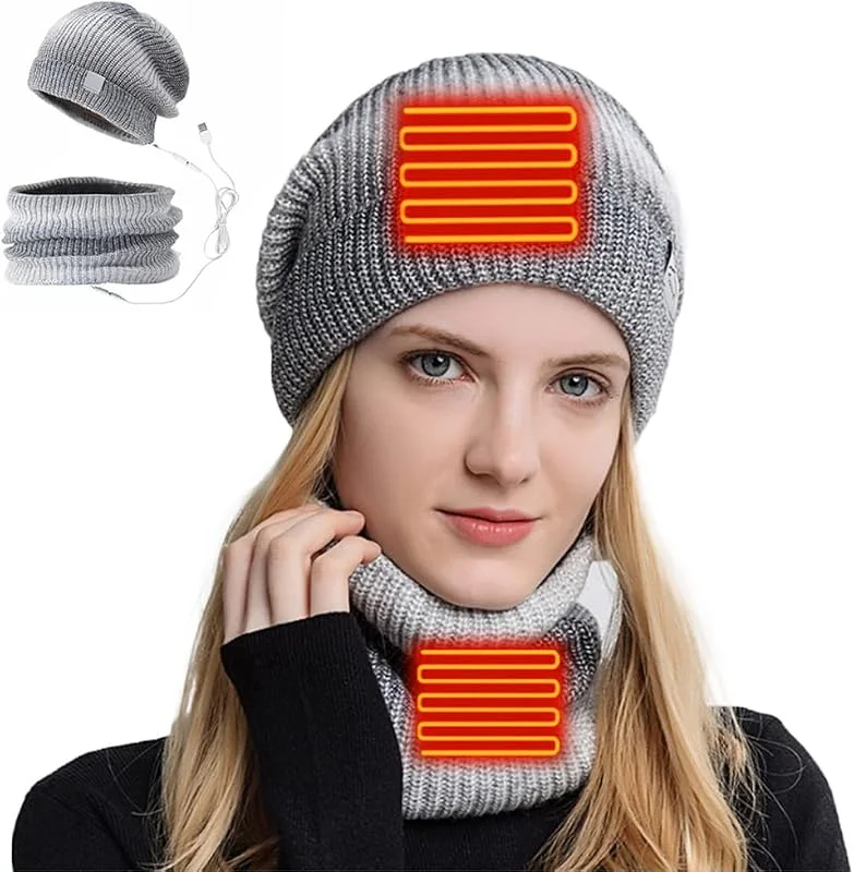 Set di sciarpa riscaldata, cappello invernale lavorato a maglia, sciarpa per uomo e donna, comodo riscaldamento, protegge testa, orecchie e collo — Abbigliamento riscaldato