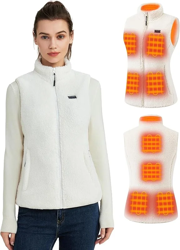 Soffice gilet riscaldante da donna con power bank da 16000 mAh 7, 4 V inclusa, gilet riscaldante Sherpa da donna, gilet termico elettrico in pile per sci all'aperto — Abbigliamento riscaldato