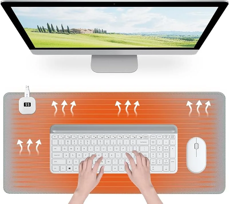 Tappetino da Scrivania Riscaldato, 80 x 33 cm, con Display Digitale e 5 Livelli di Calore e 4 ore, Spegnimento Automatico, USB, Impermeabile, Impermeabile per PC, Laptop, Casa, Ufficio (Grigio) — Riscaldamento