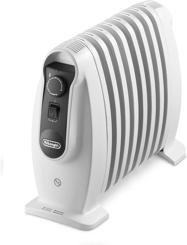 De'Longhi Serie Nano TRNS0808M Radiatore ad Olio Elettrico, 8 Elementi, Calore a Lungo, Manopole Intuitive, per Ambienti fino a 25m³, Silenzioso, 800watt, Maniglia e Piedini, Bianco — Riscaldamento