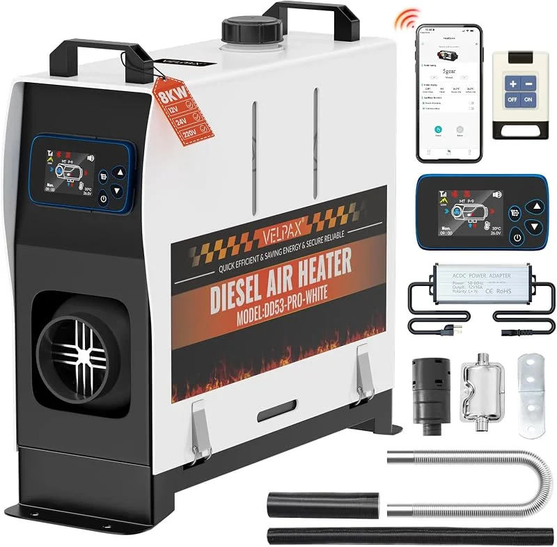VELPAX Riscaldatore Diesel 8 KW 12V, 24, 220V All-in-one portatile Riscaldatore ad aria Diesel, 0, 16-0, 52 L, h Riscaldatore ad aria Diesel 8-36 ℃ Regolabile 15-20 m² Controllo Intelligente Telecomando LCD — Riscaldamento