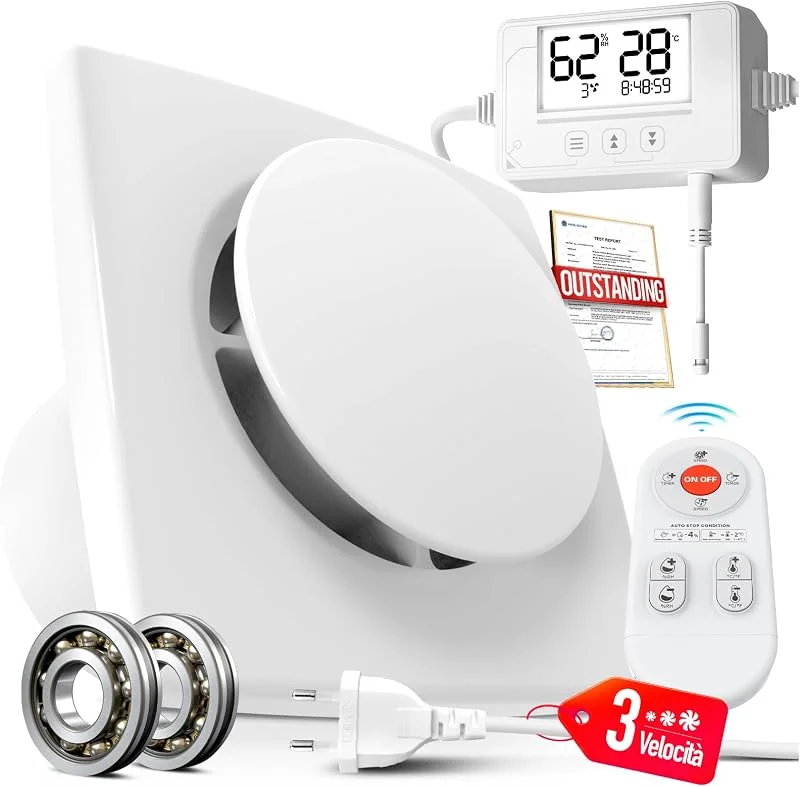 Aspiratore Bagno 100mm 3 Velocità, Ventola Aspirazione con Sensore di Umidità Temperatura Timer Telecomando, Silenzioso Potente Ventilatore Bagno Cucina Cantina, Estrattore Aria P119 — Umidificatore
