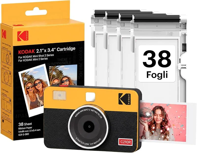 KODAK Mini Shot 2 Retro Regalo di Natale 4PASS 2-in-1 Fotocamera istantanea e stampante fotografica (5, 3 x 8, 6 cm) + 8 Fogli inclusi + confezione da 30 fogli, giallo — Umidificatore