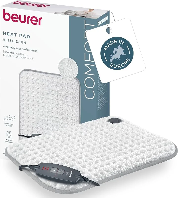 Beurer HK 43 termoforo, tappetino termico extra morbido con spegnimento automatico e 3 livelli di temperatura, con riscaldamento rapido, lavabile in lavatrice fino a 30 °C, Bianco