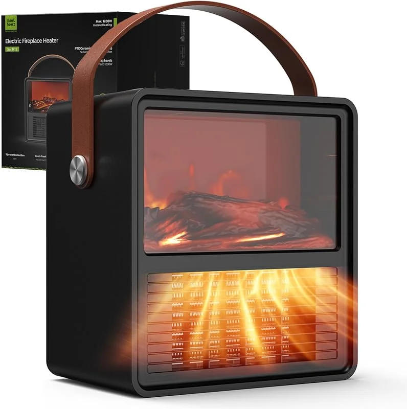 Minthouz Termoventilatore Elettrico 1200W, 800W con Effetto Fiamma 3D, Termostato Regolabile, Sicuro, Basso Rumore, Protezione da Surriscaldamento e Ribaltamento, per Camera da Letto e Ufficio