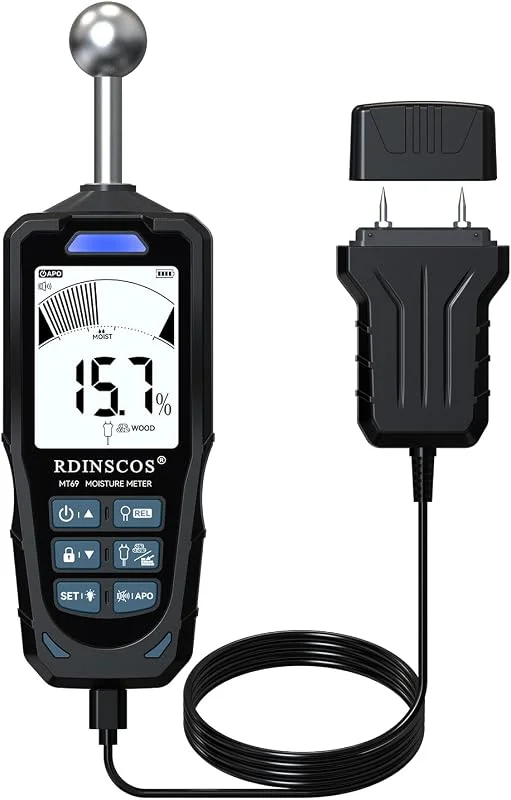 RDINSCOS Tester di umidità 2 in 1 con sonde sferiche e aghi – Umidità metro per legno, muri, calcestruzzo e gesso, schermo LCD, rilevamento 20-40 mm, allarme sonoro — Umidificatore