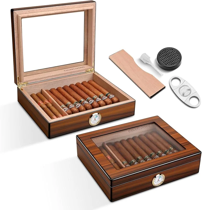 Umidificatore per sigari in legno di cedro con tagliacari, umidificatore e igrometro, piastra in vetro per gli amanti dei sigari (Small)