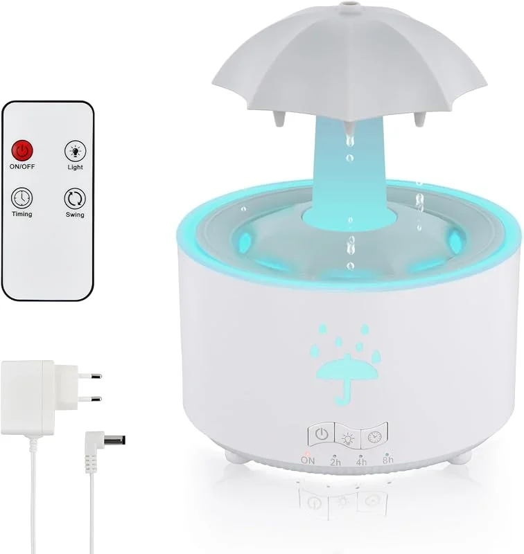 Umidificatore antipioggia 300 ml, diffusore di oli essenziali, umidificatore d'aria luce notturna con 7 colori, luce ombrello, diffusore di aromi rotante per ufficio e camera da letto (bianco)