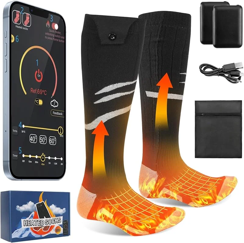 Calzini Riscaldati con APP Potenziati Batteria Ricaricabile da 5000mAh Calzini Riscaldati Elettrici per Uomo e Donna 4 Temperature Regolabili Ciclismo all'Aperto Campeggio Trekking Moto Sci L — Abbigliamento riscaldato