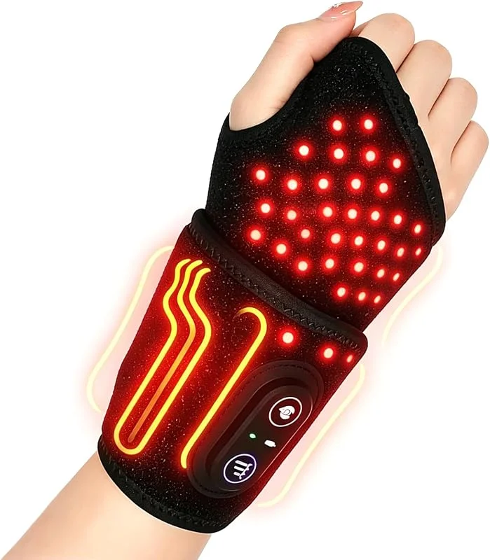 Dispositivo Terapia a Luce Rossa e Infrarossi per Polso, 48 LED (660nm & 850nm), Fascia con Funzione Riscaldante e 3 Modalità di Luce, Ricaricabile per Mano, Collo, Schiena, Spalle e Gambe — Riscaldamento