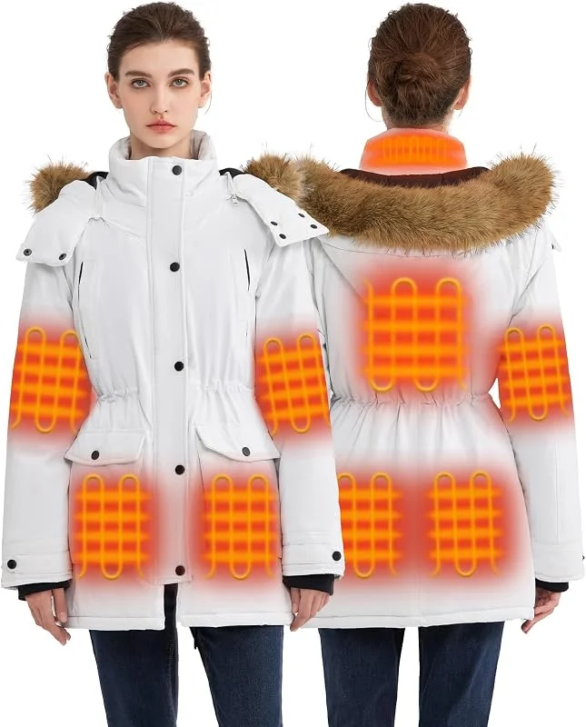 Giacca riscaldabile da donna con 18400 mAh, 12 V, parka da donna, giacca riscaldata invernale con cappuccio rimovibile all'aperto — Abbigliamento riscaldato