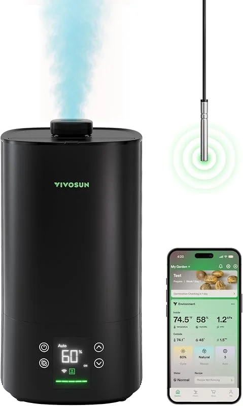 VIVOSUN Umidificatore per Piante 5L Smart Humidifier AeroStream H05 24dB Silenzioso Nebbia Fredda 360° 50h Top Fill Ultrasuoni Ideale per Grow Tent e Grow Box