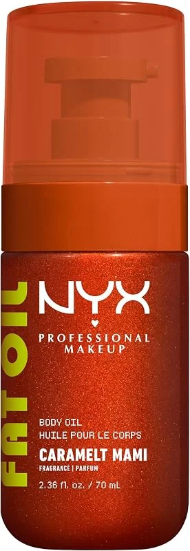 NYX Professional Makeup, Olio Corpo, Pelle Morbida e Idratata, Effetto Luminoso, Texture Leggera, Infuso con Olio di Avocado e Vitamina E, Fat Oil Body Oil, Shade: Caramelt Mami, 70 ml — Cura della pelle