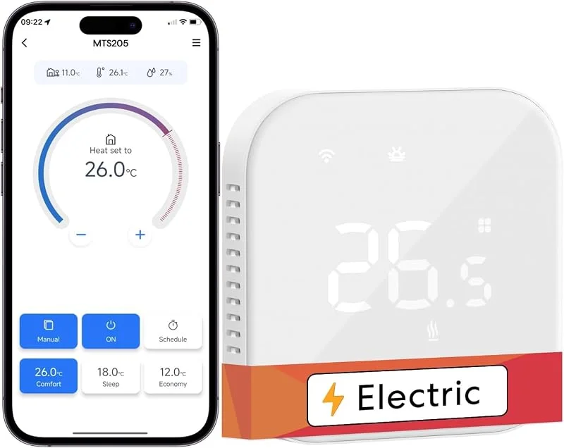 Meross Smart Electric Thermostat, Termostato Ambiente per Riscaldamento a Pavimento WiFi, Riscaldamento e Raffreddamento Compatibile con Alexa e Google, Controllo Vocale, Remoto e Programmazione