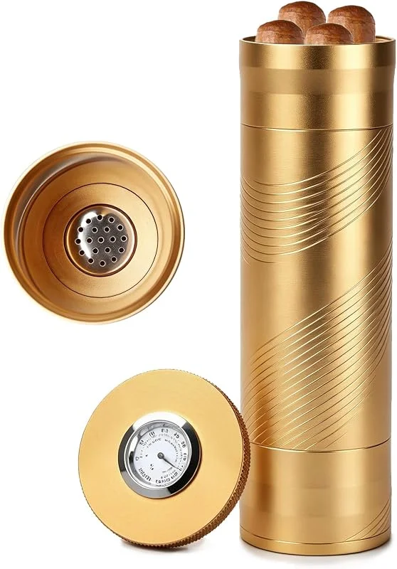 Humidor per sigari in acciaio inox, custodia per sigari con igrometro, umidificatore per sigari, tubo da viaggio per 3 a 4 sigari, per viaggi brevi, custodia portatile per sigari
