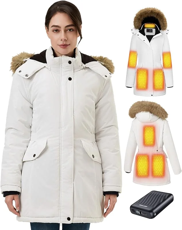 Giacca riscaldata da donna con power bank da 18400 mAh, 12 V, 8 zone di riscaldamento, giacca riscaldante con 3 livelli di temperatura, lungo piumino invernale per ciclismo, campeggio e lavoro — Abbigliamento riscaldato