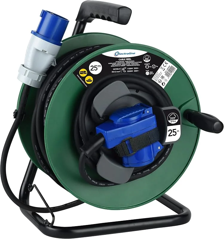 Electraline 49209 Prolunga in Gomma con Avvolgicavo 25 mt per Camper, Campeggio, Caravan, Spina CEE 3 Poli e 2 Prese (Industriale+Schuko) - IP44, Verde, Nero — Riscaldamento