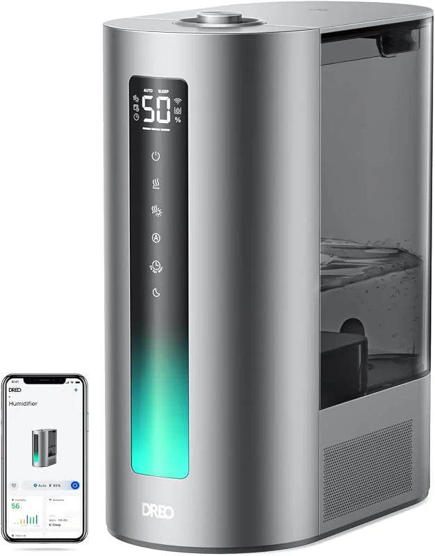 Dreo 6L umidificatore per camera da letto, intelligente per grandi ambienti, bruma calda, fredda, per piante e bambini, riempimento superiore, 60 ore autonomia, silenzioso, timer, Google, Alexa, HM713S
