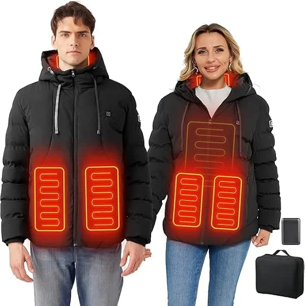 Giacca Riscaldato con Cappuccio Giubbotto Calda da 10000 mAh per Donna e Uomo Giacca Invernale Uomo Donna Impermeabile Antivento 4 Zone di Calore, 3 Livelli Controlle per Sci Pesca Moto campeggio — Abbigliamento riscaldato