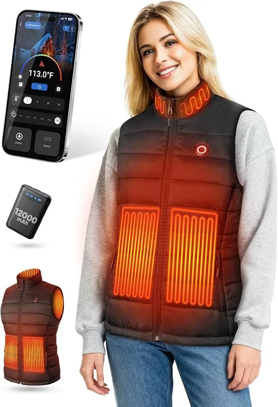 Gilet Riscaldante Donna con Batteria 12V 12000mAh, 4 Livelli di Calore e Controllo App, Gilet Termico Leggero per Invierno Lavoro da Casa, Passeggiate, Escursionismo e Tempo Libero(Taglia L) — Abbigliamento riscaldato