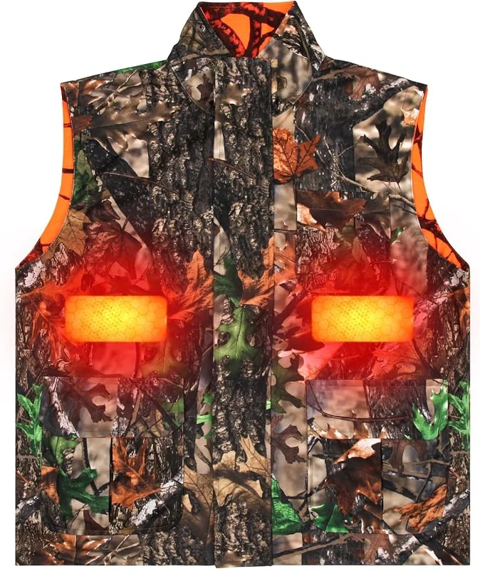 VicBre Gilet da caccia riscaldato da uomo, mimetico e arancione, reversibile, per escursionismo, sci, pesca, campeggio (M-4XL) — Abbigliamento riscaldato