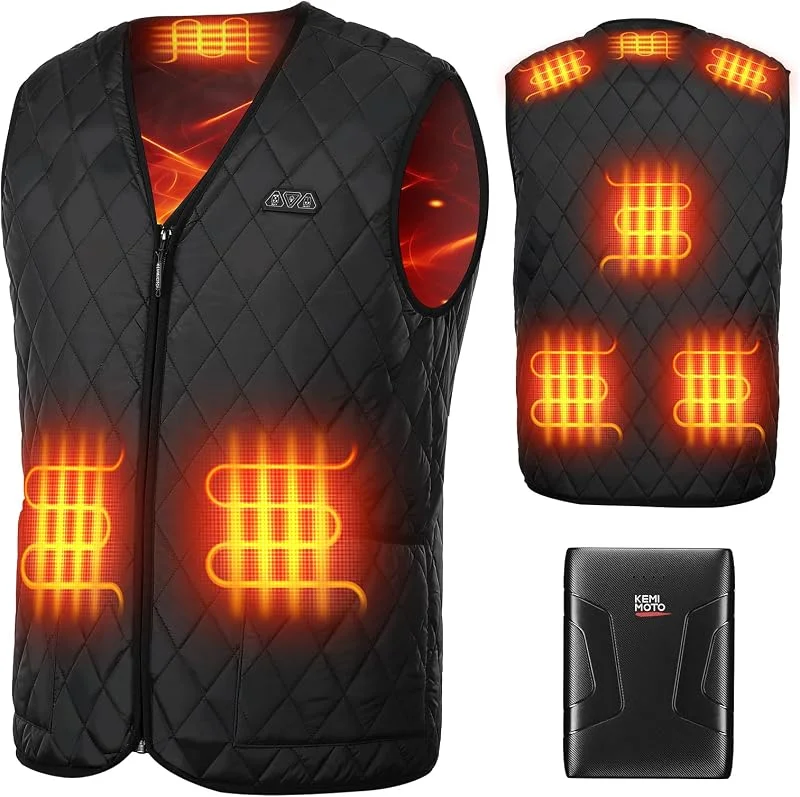 KEMIMOTO Gilet Riscaldato Uomo, Elettrico Gilet Riscaldato con 8 Elementi Riscaldanti, USB Giubbotti Riscaldati con 3 Temperature per Sci Escursionismo Caccia Moto (Con Batteria 10000mAh) — Abbigliamento riscaldato