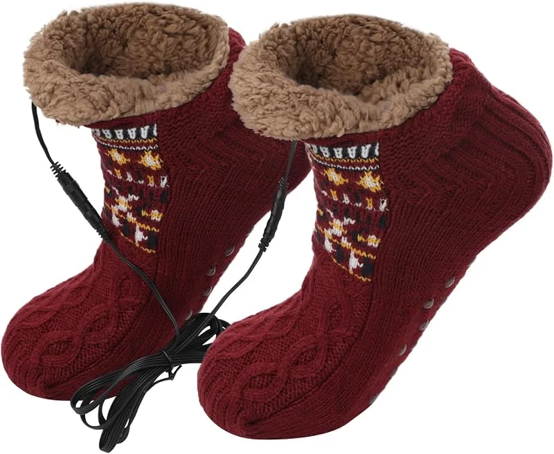 Calzini termici riscaldati USB da donna antiscivolo da uomo in pile calzini natalizi elettrici riscaldati pad fuzzy calzini a maglia calzini invernali riscaldamento calzino per casa ufficio piedi — Abbigliamento riscaldato