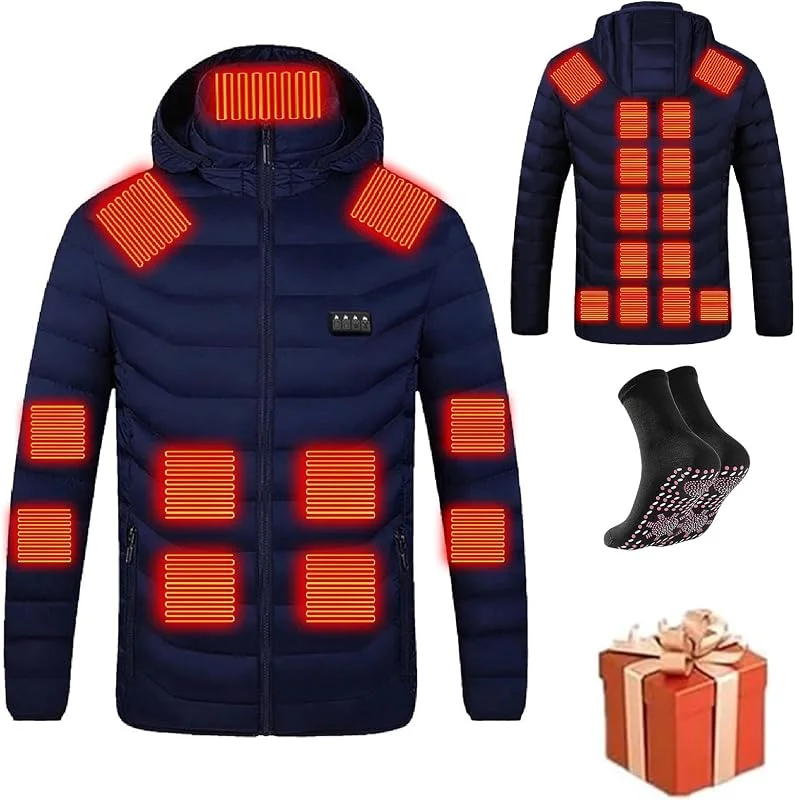 HAOLEI Giacca Riscaldata Uomo Donna 3 Temperature Giacche Riscaldate 21 Giubbotto Riscaldante con Cappuccio Elettrica Intelligente a Costante USB per Controlli Moto Sci Caccia all'aperto in Campeggio — Abbigliamento riscaldato