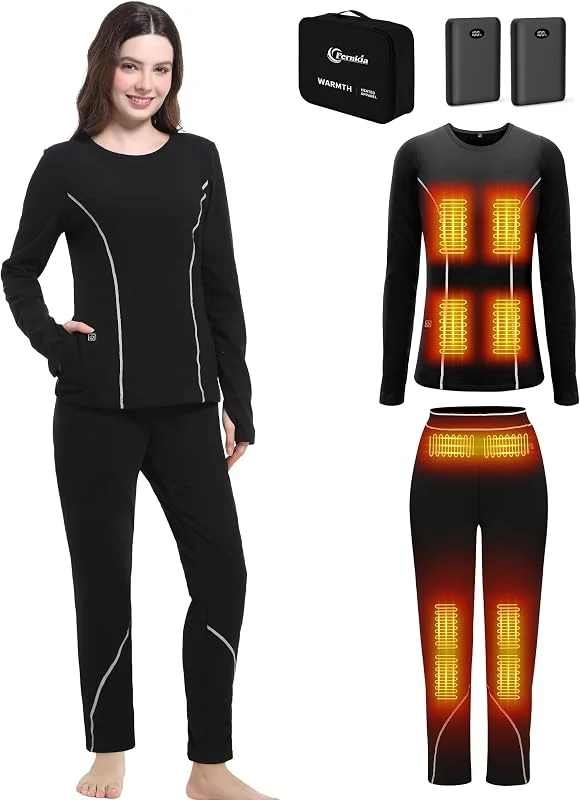 FERNIDA Biancheria intima riscaldata da donna, maglia riscaldata e pantaloni con batteria, in pile, set di biancheria intima termica per inverno, vita quotidiana, casa e attività all'aperto — Abbigliamento riscaldato