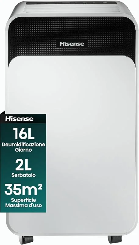 Hisense D16CW NUOVO Deumidificatore Classico A Scarico, Portatile, Bassa Rumorosità, Asciugatura, Spegnimento Automatico, Bianco, 50x28x20 cm, Capacità 16 litri