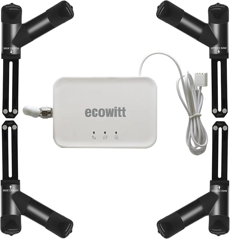 ECOWITT Sensore di umidità del Suolo 3 in 1 a 16 canali + Sensore EC del Suolo + Misuratore di Temperatura, Igrometro per Temperatura del Suolo, Tester 4 Pezzi WH52 + Gateway GW3000 — Umidificatore