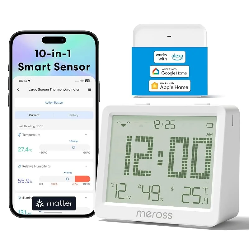 Meross Igrometro Termometro Interno WiFi con Ampio Display (Con Hub) — Riscaldamento