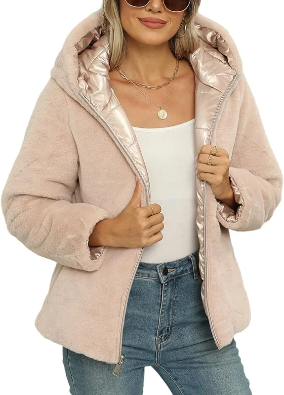 Giolshon Giacche reversibili da donna in pelliccia sintetica e lucida Piumino con cappuccio resistente all'acqua Lunghezza media — Abbigliamento riscaldato