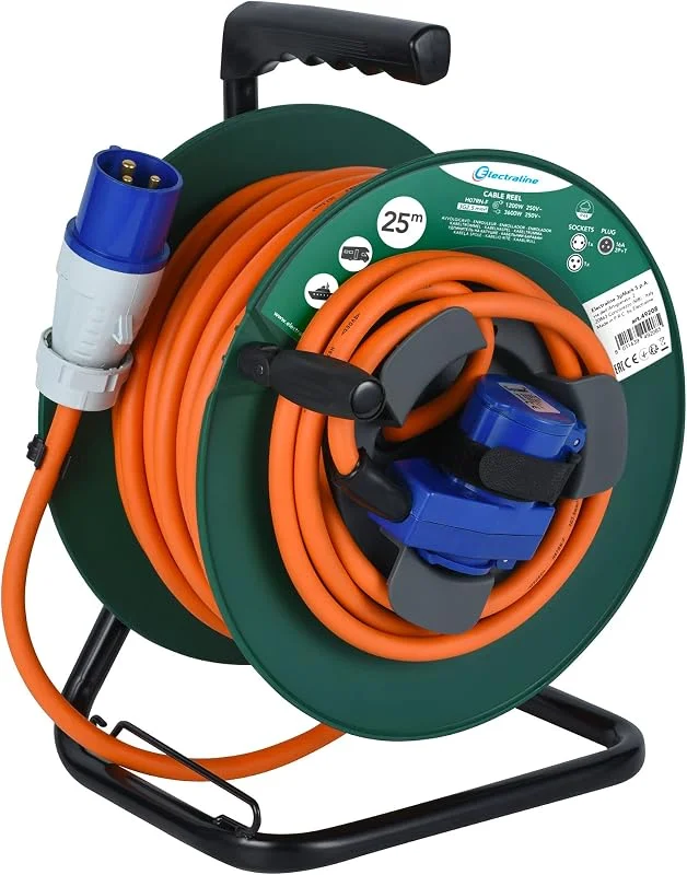 Electraline 49208 Prolunga in gomma con Avvolgicavo 25M per camper, campeggio, caravan, IP44, 2 prese (industriale+Schuko), Spina CEE, Cavo H07RN-F 3G2.5mm, 25M, Camping, Verde — Riscaldamento