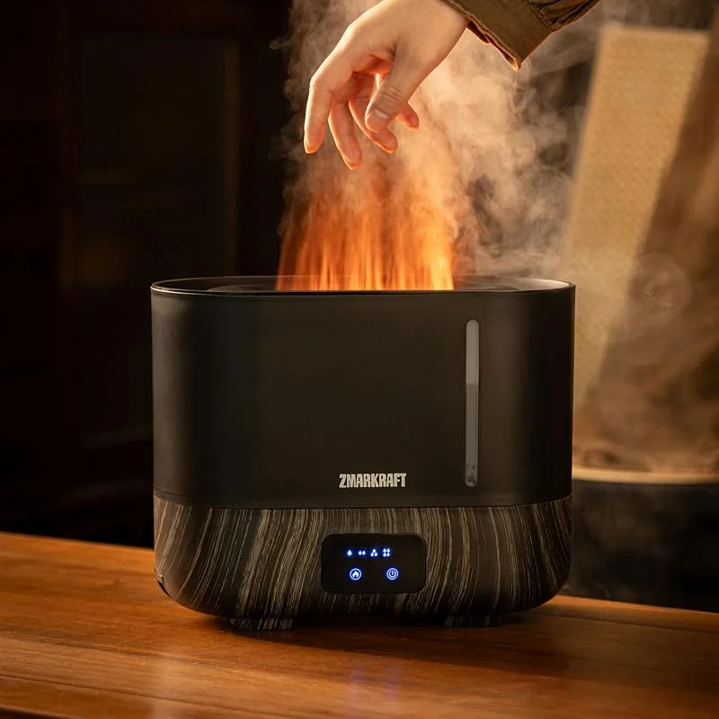 Umidificatore grande 3L con effetto fiamma, nebbia fredda ultrasonica silenziosa, riempimento superiore, livello di nebbia regolabile, nebbia fredda per ogni stagione, camera da letto e