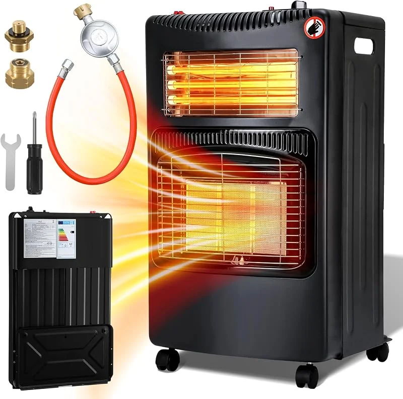 Eulenke Riscaldamento a Gas per Interni, 4200 W + 1260 W, Elettrico Con 3 Livelli di Calore per Bombole Fino a 15 kg, Con Regolatore di Pressione, Tubo